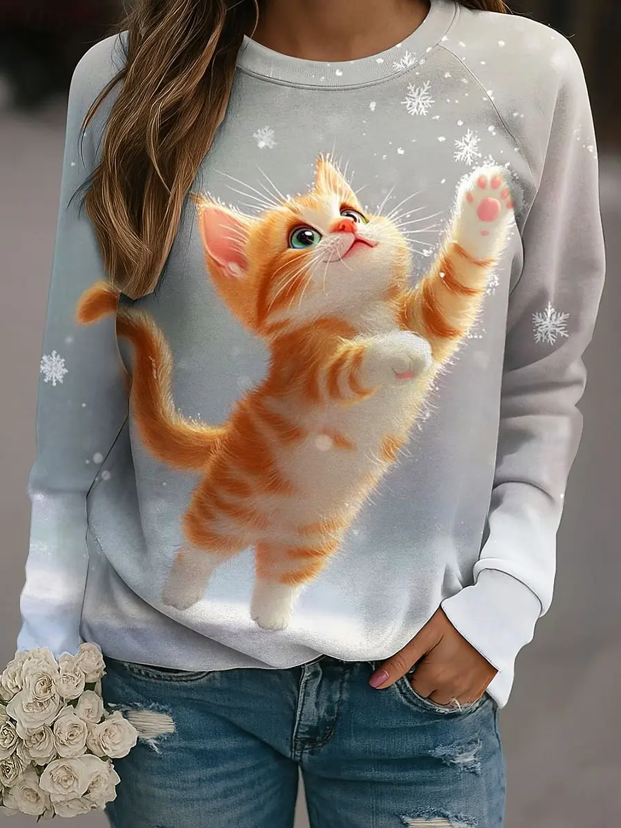 Herfst Leuke Kat Grafische Sweatshirts Dier 3D Print Vrouwen Raglan Lange Mouwen Hoodie Y2k Trui Harajuku Tops Vrouwelijke Kleding