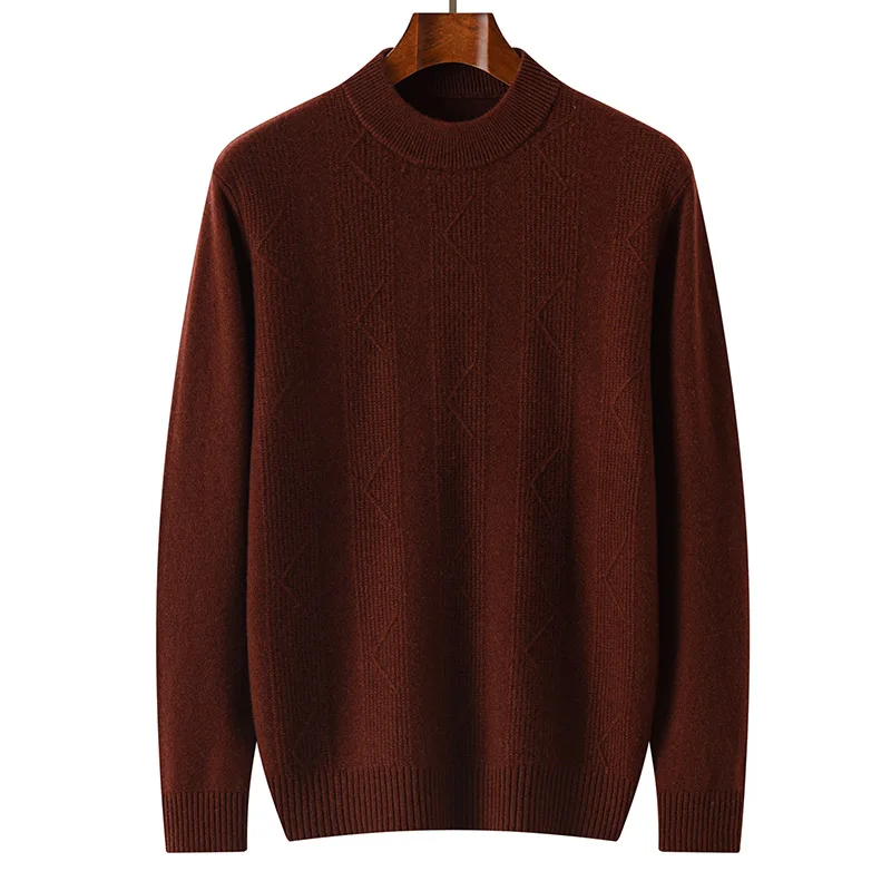 Autumn and winter new men's semi-high collar 100% pure wool thick knitted sweater Jacquard loose cashmere sweater