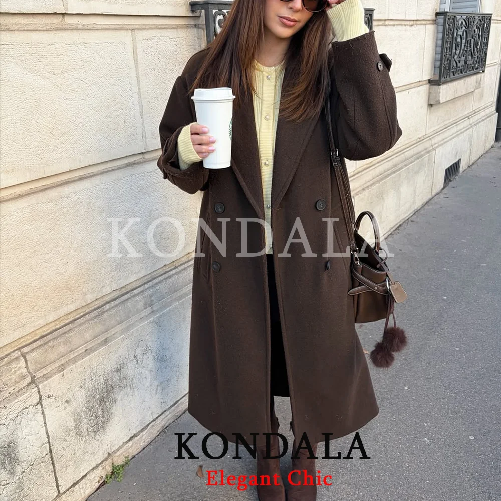 เสื้อโค้ทผู้หญิง KONDALA รุ่นฤดูใบไม้ร่วง ดีไซน์หรูหรา ผ้าผสม ทรงยาว ปกเสื้อแบบลาペル ติดกระดุมสองแถว เสื้อโค้ทอุ่นๆ แฟชั่นปี 2026 สำหรับฤดูหนาวและฤดูใบไม้ผลิ สไตล์ไฮสตรีท