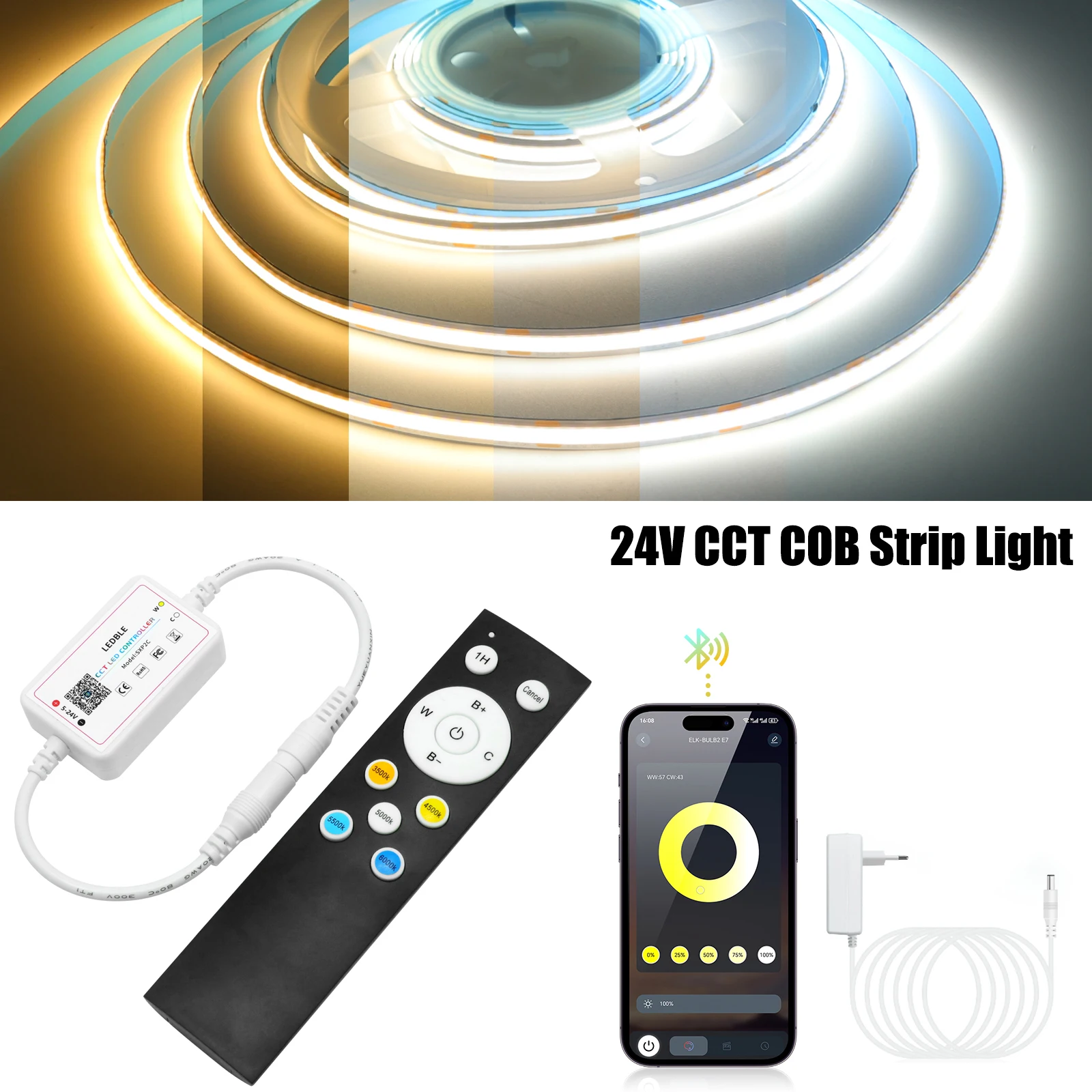 Bluetooth APP Control CCT COB LED Strip Light DC24V 2700K-6500K 576LEDs/M Dimmable Cabinet Kitchen Bedroom Decor Flexible Ribbon