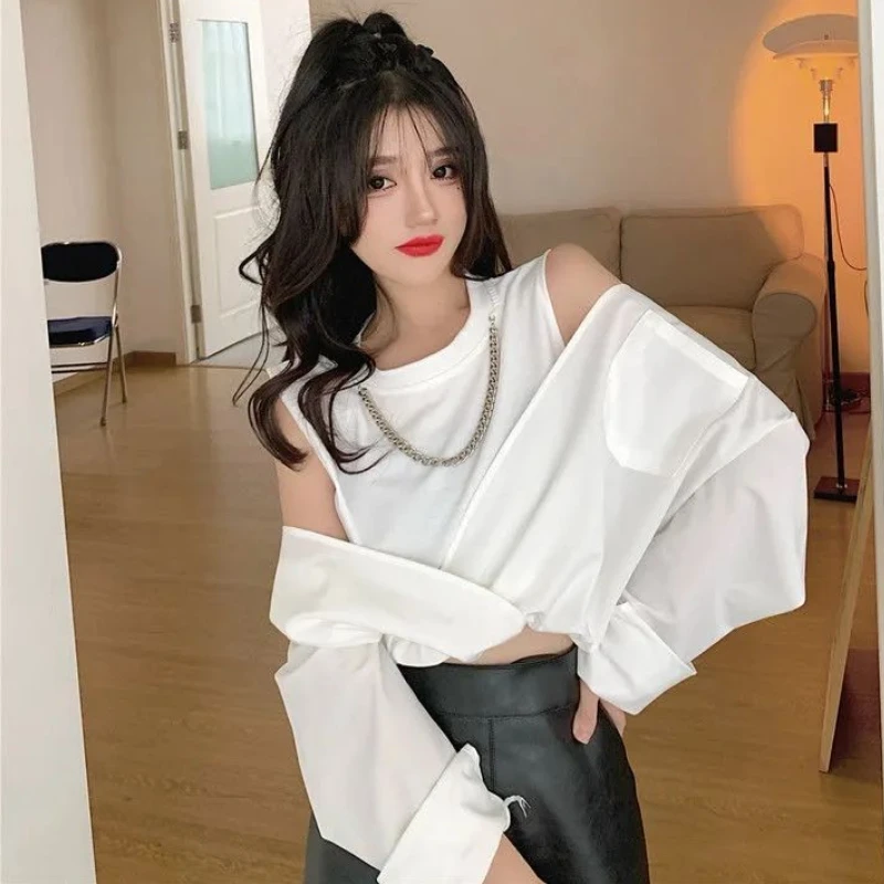 White Shirts Women Baggy Off Shoulder Temper Camisa Pure Fake Two Piece Minimalist Hotsweet Korean Fashion Clothing Spliced Crop