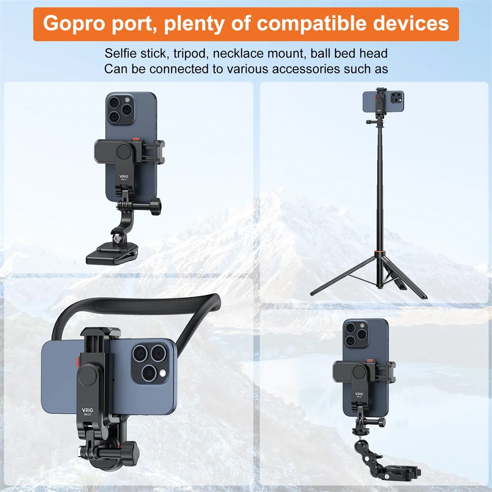 VRIG Upgrade Phone Holder Clamp w Gopro Port Dual Cold Shoe Mount for Iphone Android Smartphone Camera Tripod Adapter Mic Light