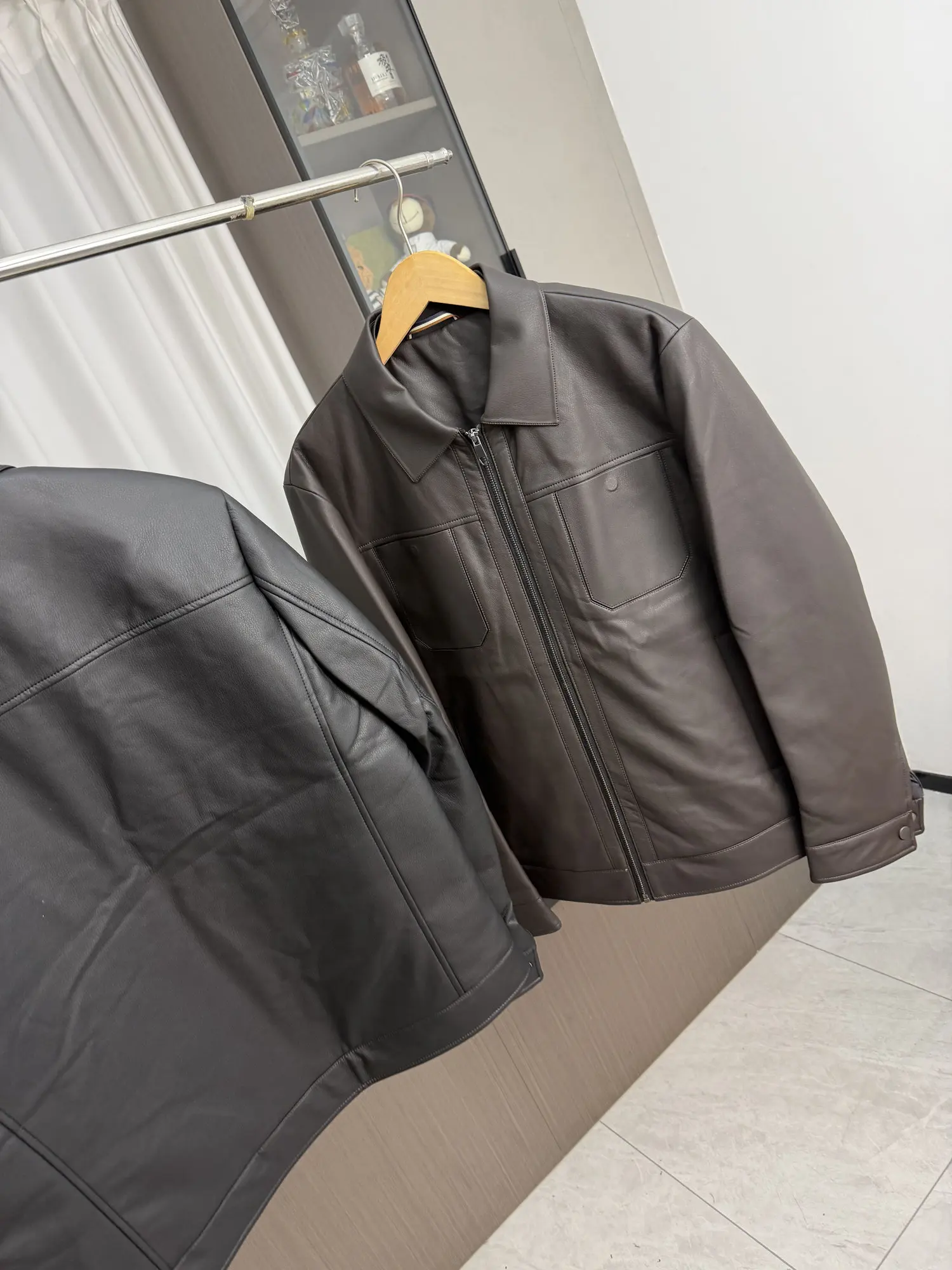 Goose down lining Faux Leather Jacket turn down collar Down Jacket Men's winter padded jackets Leather coats