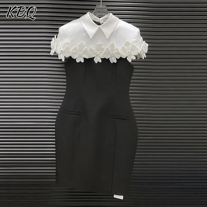 

KBQ Spliced Appliques Slimming Chic Dresses for Women Lapel Short Sleeve High Wasit Temperament Dress Female Fashion Style New