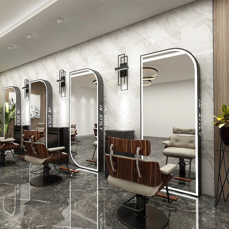 Red mirror with lamp, high-definition stainless steel barber mirror, single mirror and double mirror landing gold.