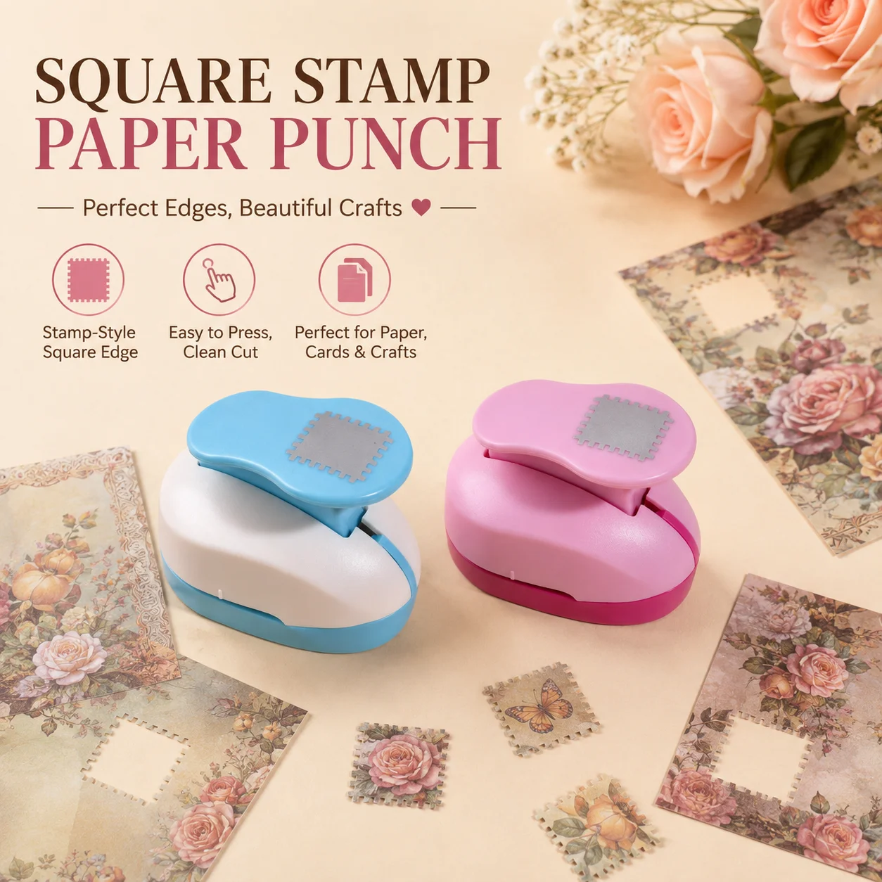 Square Postage Stamp Paper Punch Lever Action Craft Hole Puncher Decorative Edge Cutter For Scrapbook Cards Diy Paper Projects
