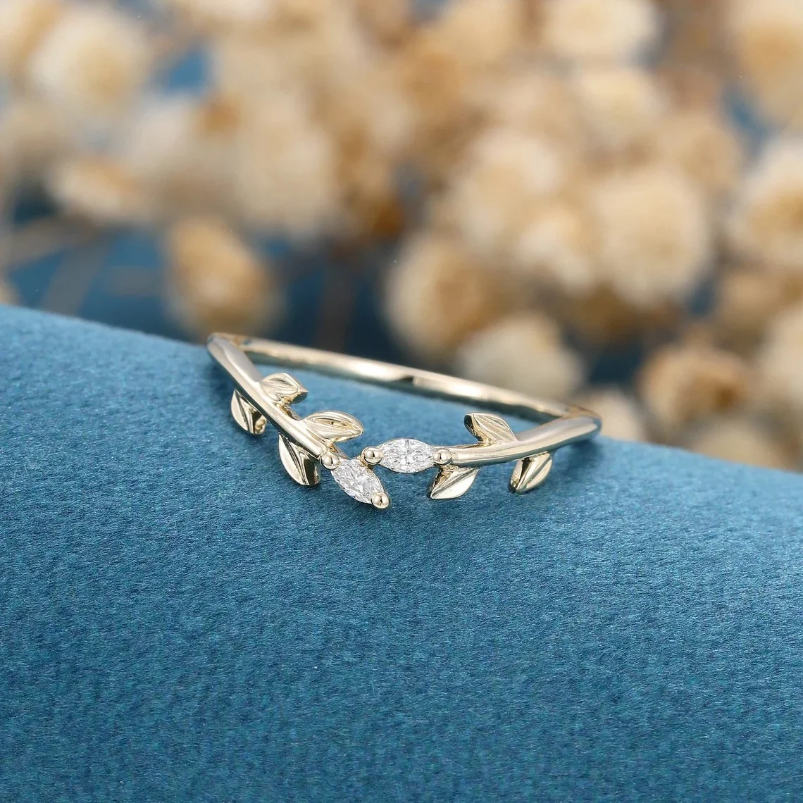 Marquise Cut Natural Zircon Wedding Band 925 Sterling Silver Unique Leaf Branch for Women Stacking Ring Gold Plated Jewelry