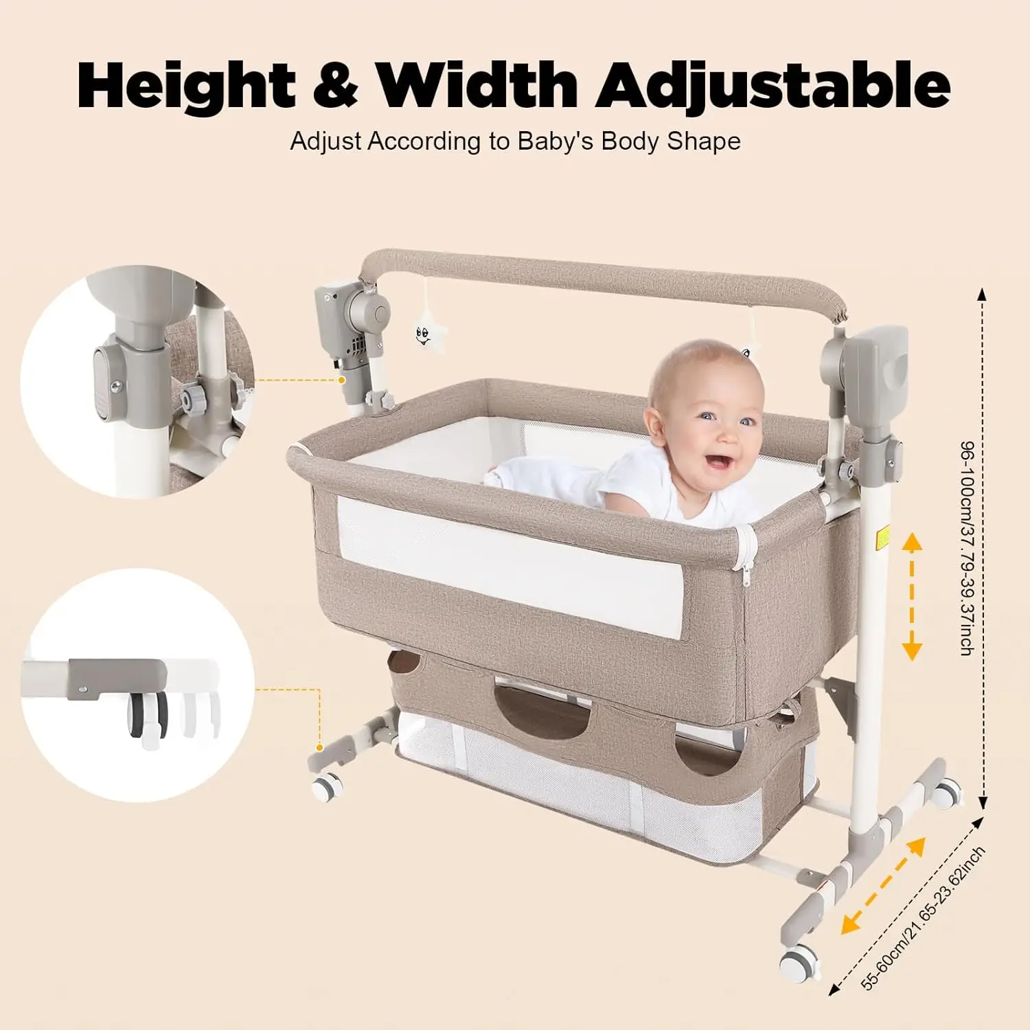 Berço Elétrico Inteligente para Bebês com Música, Berço Automático com 3 Velocidades de Temporização e 5 Velocidades de Oscilação, Cama Portátil para Bebês com Altura Ajustável, com Redes e Colchões