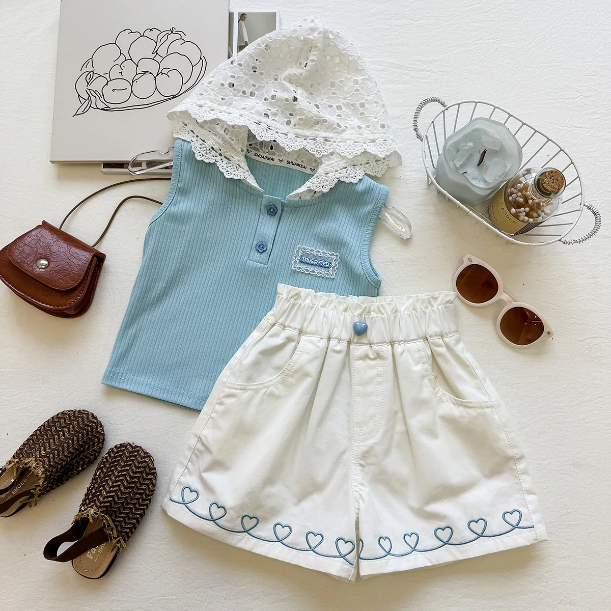 

New Arrival Toddler Girl Hooded Lace Vest Suit Floral Embroidered Edge ShortsKids Daily Leisure Two Piece Wear for90-150cm
