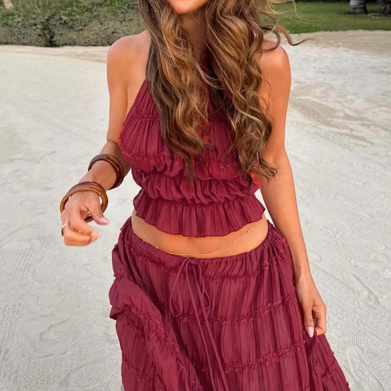 Elegant Sleeveless Halter Vest&Half Skirts Suits Casual  Loose Pleated Backless Outfits Summer Seaside Vacation Solid Color Sets