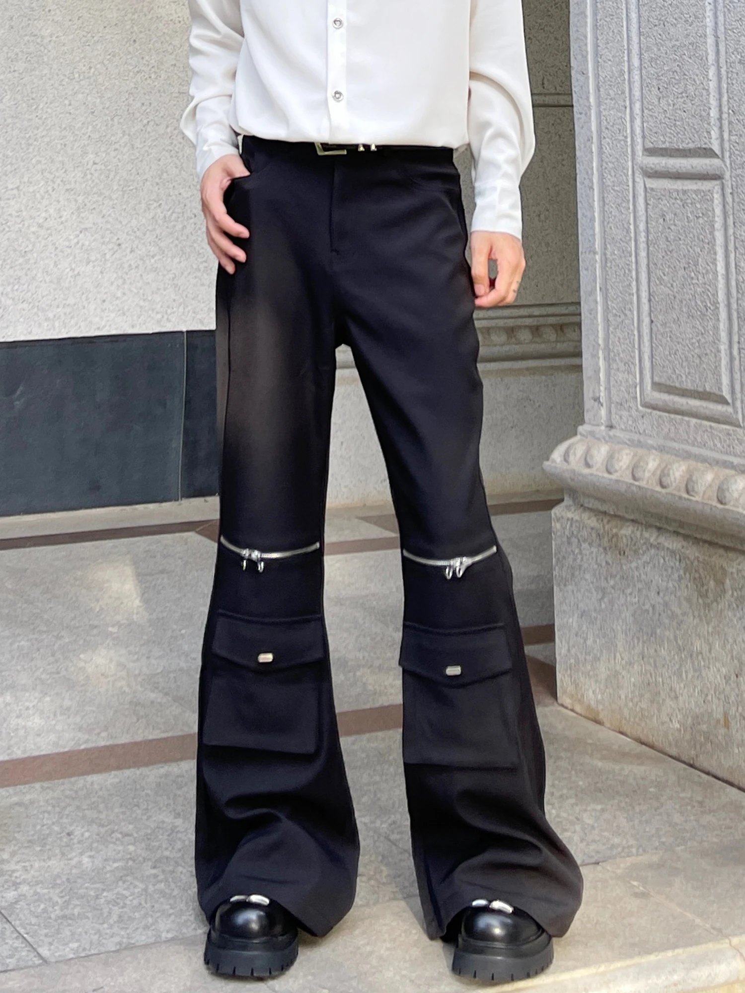 Korean Version of Fashion Trend Black Horn Trousers Handsome Men Zipper Pocket Design High Street Loose Casual Trousers