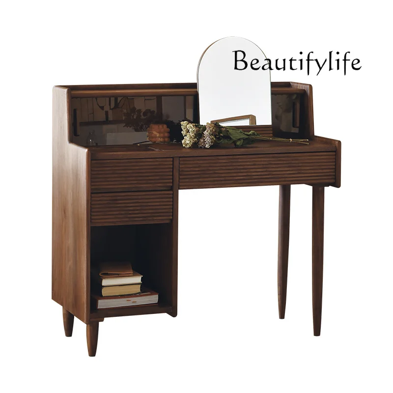 

Dressing Table Nordic Black Walnut Japanese Style Small Apartment Solid Wood Makeup Table Bedroom and Household