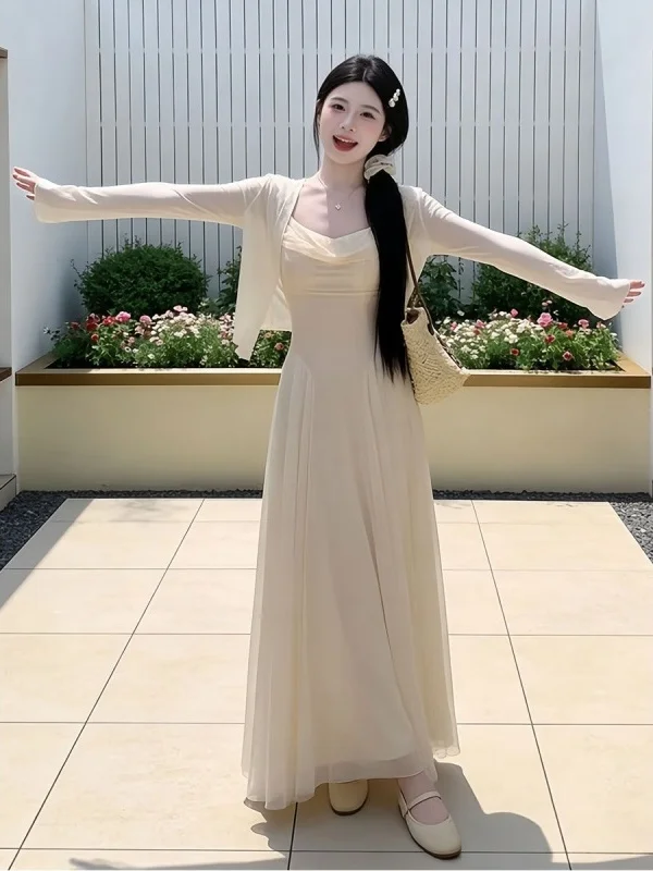 

Korean Style Beautiful Dress Set Women's Summer New Pure Color Sunscreen Open Cardigan Strap Long Dress Two-Piece Set