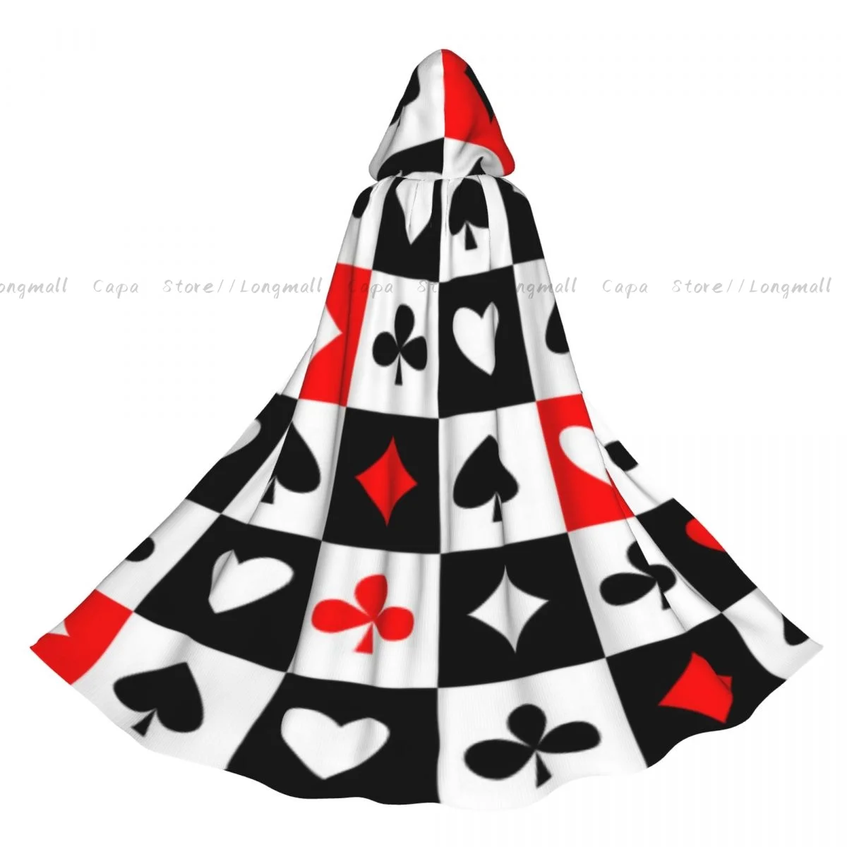 Adult Halloween Red Black Poker Square Plaid Checkerboard Heart Playing Cards Cloak Cape Hooded Medieval Full Length Dress Coat