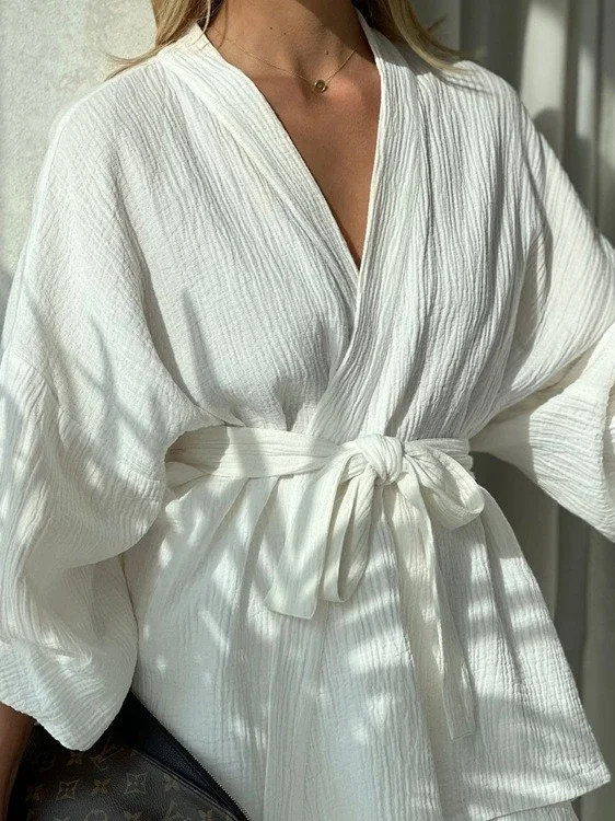 

Yaminiya модные халаты с длинными рукавами, топ, комплекты из двух предметов, женские наряды, осенний повседневный белый домашний костюм, элегантные шорты, женские комплекты