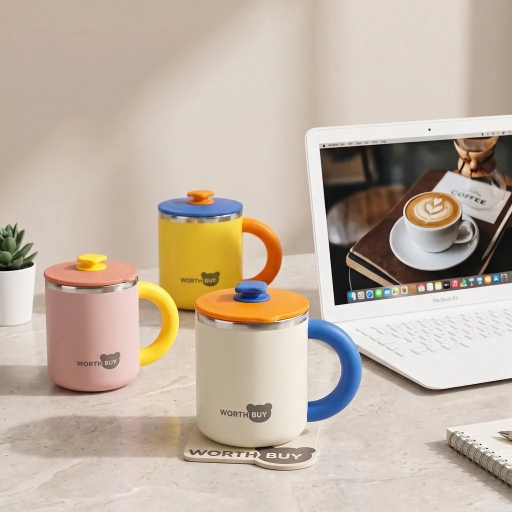 304 Stainless Steel Coffee Mugs with Lid Handle Double Wall Thermal Cup Reusable Unbreakable Kids Office Travel Milk Drinkware