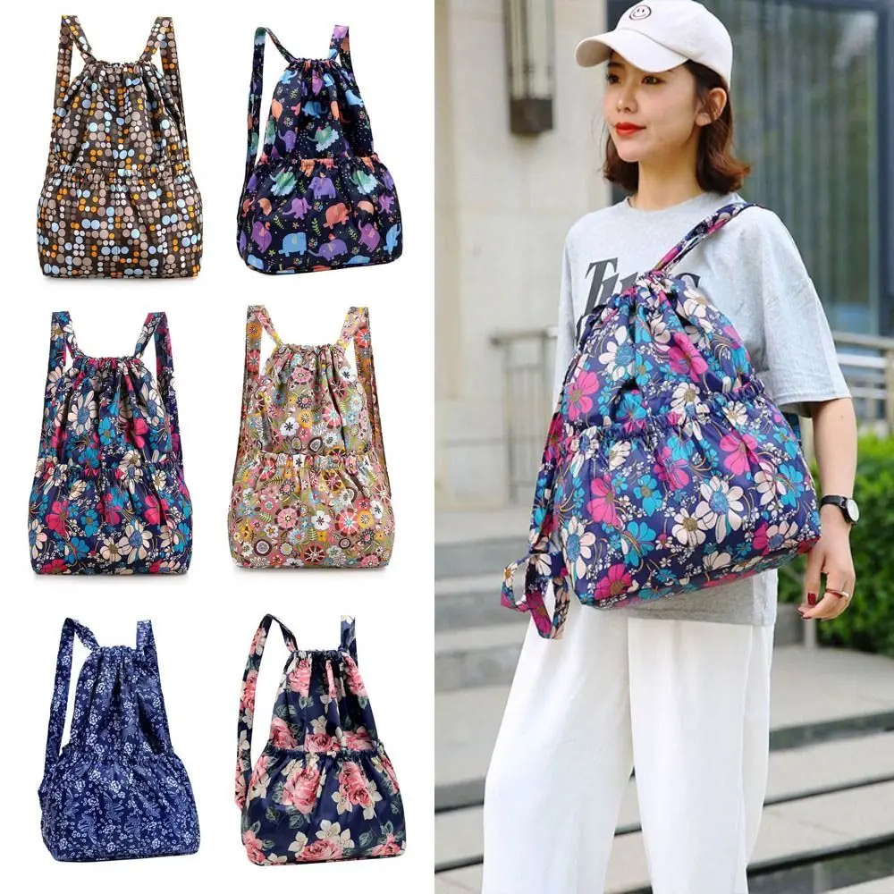 Polyester Drawstring Bag Casual Floral Printed Waterproof Portable Shopping Bag Sports Large Capacity Backpacks Teenage Girls