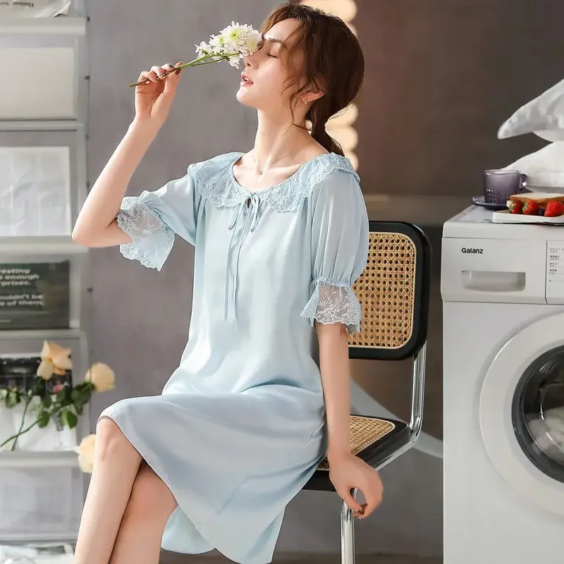 

Spring New Nightdress Women Summer Sleepshirts Ladies Doll Collar Sweet Cute Ice Silk Pajamas Princess Casual Loose Loungewear