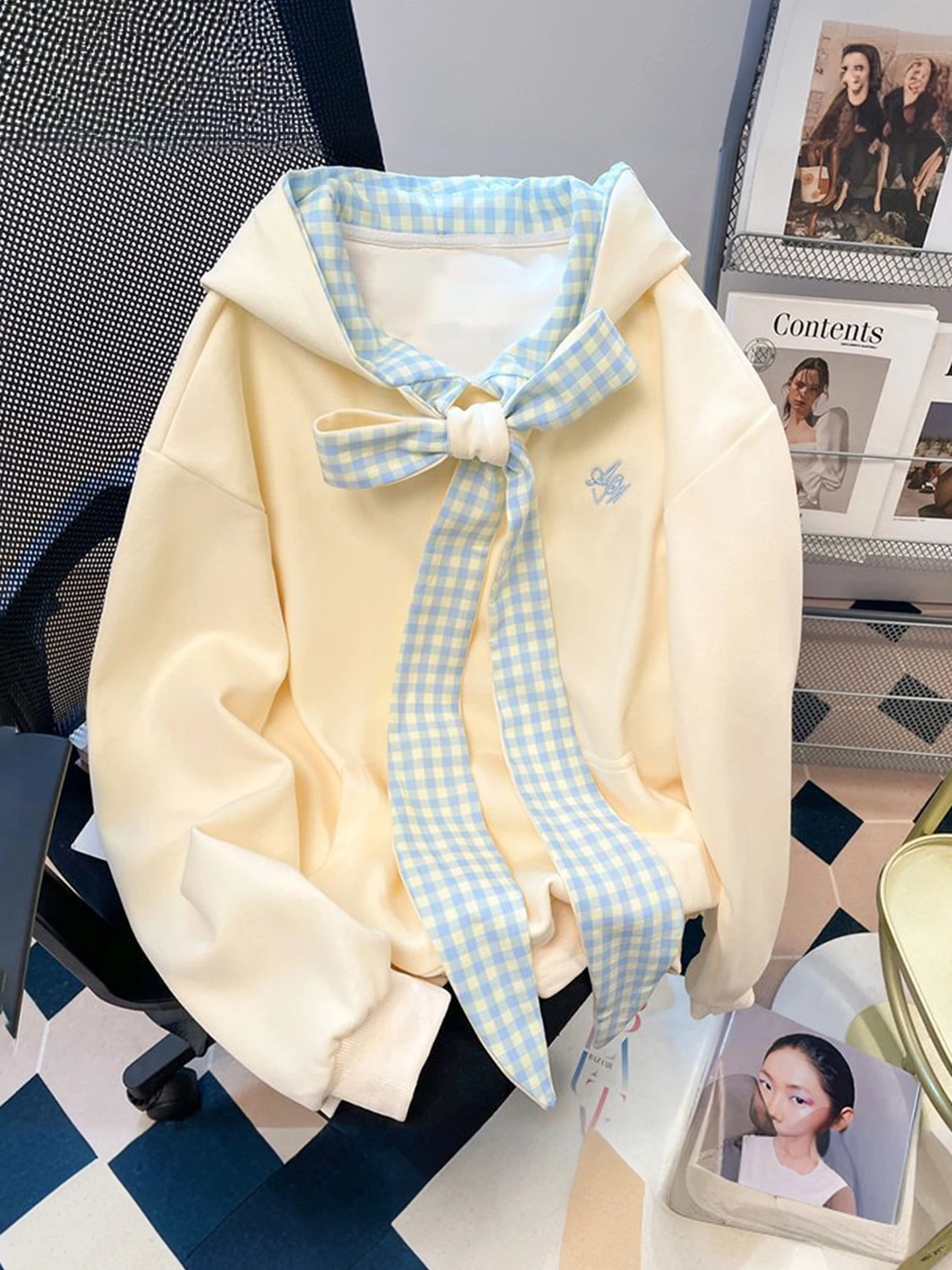 

plus Size Women's Hoodie with Bow Tie Belted Design Autumn Winter Plaid Print Loose Fit Comfortable Casual Outerwear