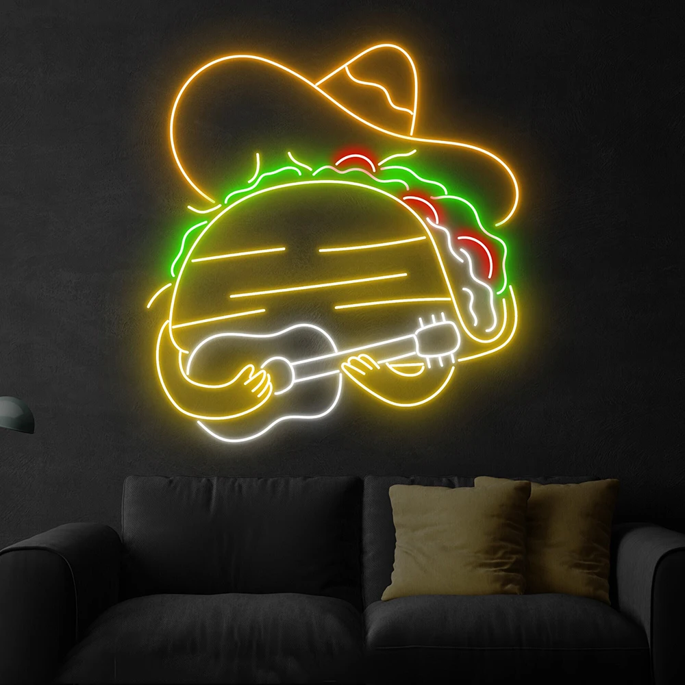 Mexican Tacos Guitar Neon Sign Custom Neon Sign Fast Food Restaurant Room Wall Decor Mexican Food Tacos Store LED Light