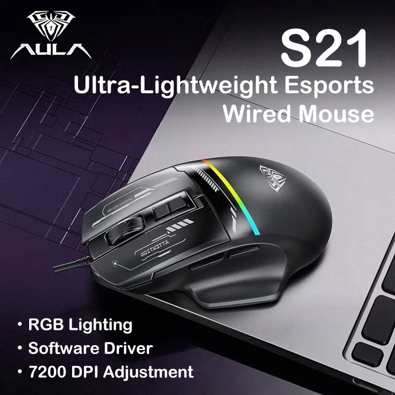 AULA S21 Wired Esports Mouse 725 Optical Sensor 7200 DPI RGB Lighting Ergonomic Mice For Desktop/Laptop/Game/Work