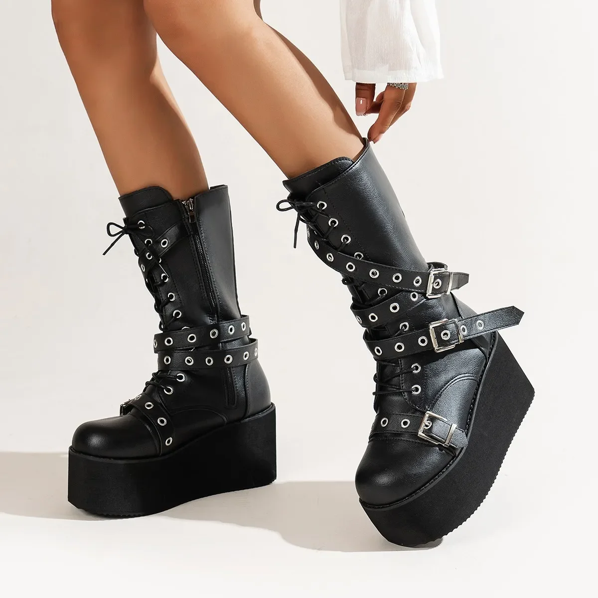 Big Size 43 Women Boots Black Lace Up Buckle Round Toe Wedges Platform Boots Punk Goth INS Women Street Shoes