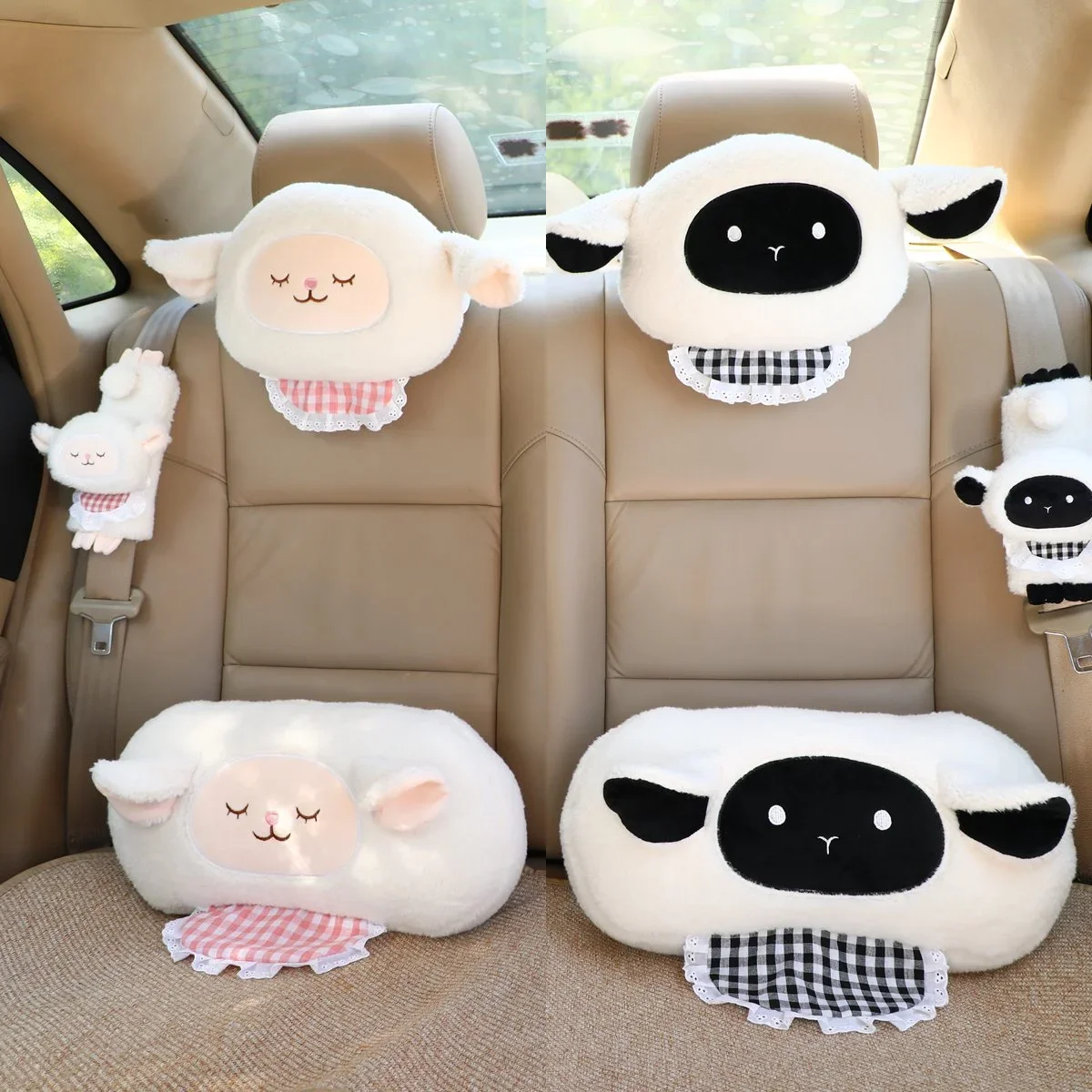 Cute Sheep Car Interior Plush Set Soft Lamb Headrest Pillow Waist Cushion Seat Belt Cover For Vehicle Auto Seat Decor Gifts Girl