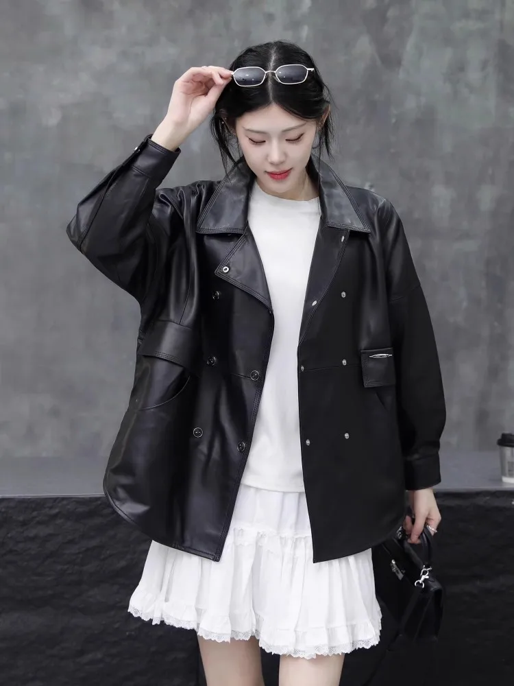 Women Genuine Leather Jacket Lapel Double Breasted Loose Fit Casual Outerwear Fashion Sheepskin Streetwear Short Windbreakers