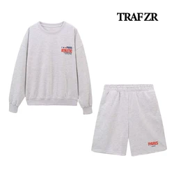 TRAF ZR Relaxation Autumn Plush Sweatshirt Sets Ensemble Femme 2 Pieces Shorts Set Long Sleeve Pullover Top + Knee-length Shorts