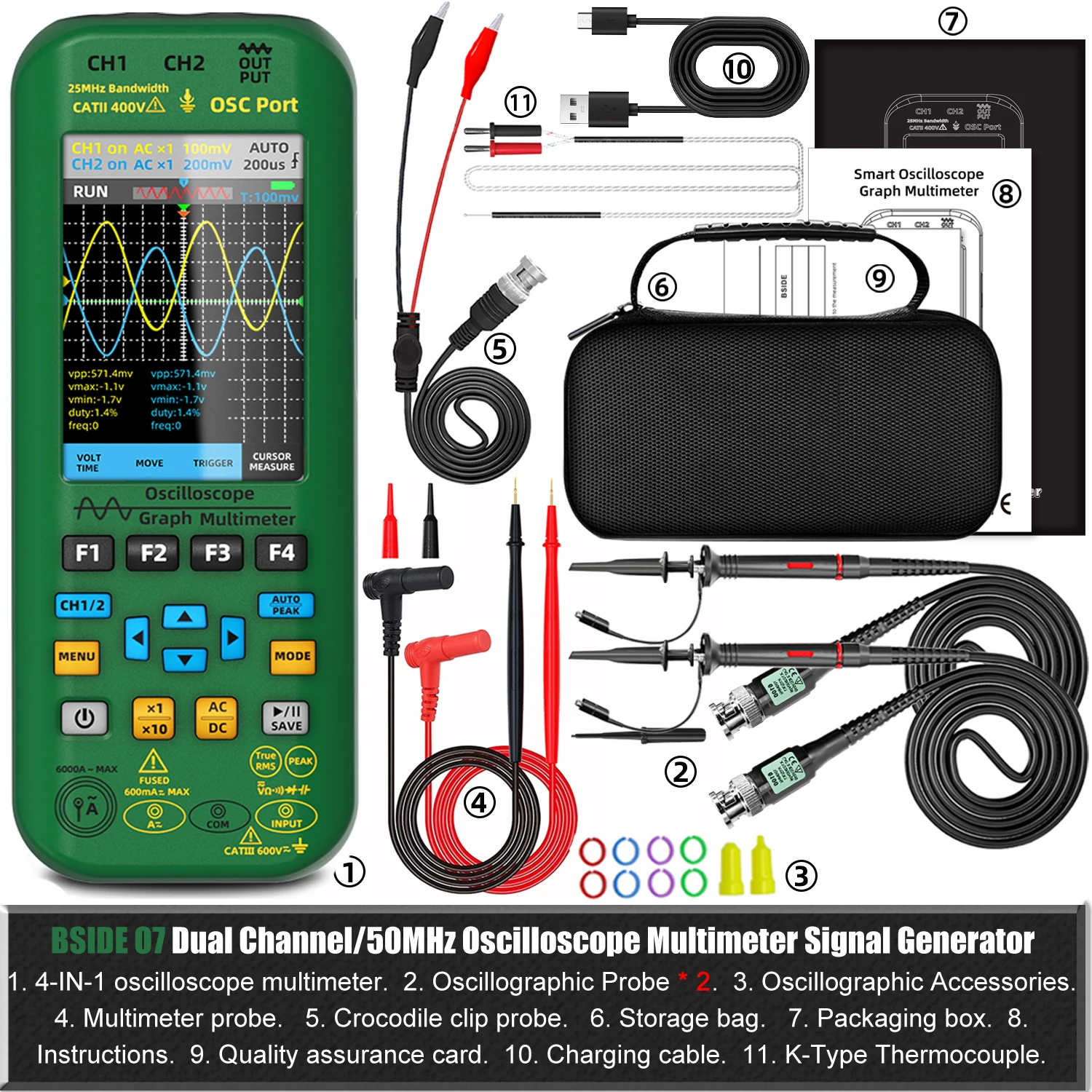 NIEUW Handheld Oscilloscoop Multimeter DDS Generator 2 Kanalen, 50 MHz Bandbreedte 250 MSa/s Bemonsteringssnelheid 20000 Telt voltmeter