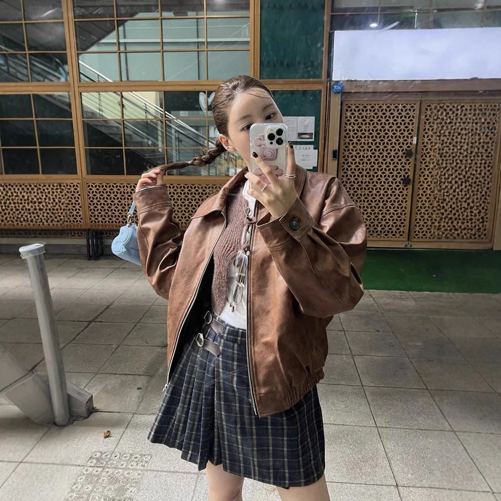 Le25 Herbst Sle Loose Fit Klassische Reine Farbe Kragen Leder Jaet Koreanische Faion Lange Sve Ci Walk Jugend Oberbekleidung