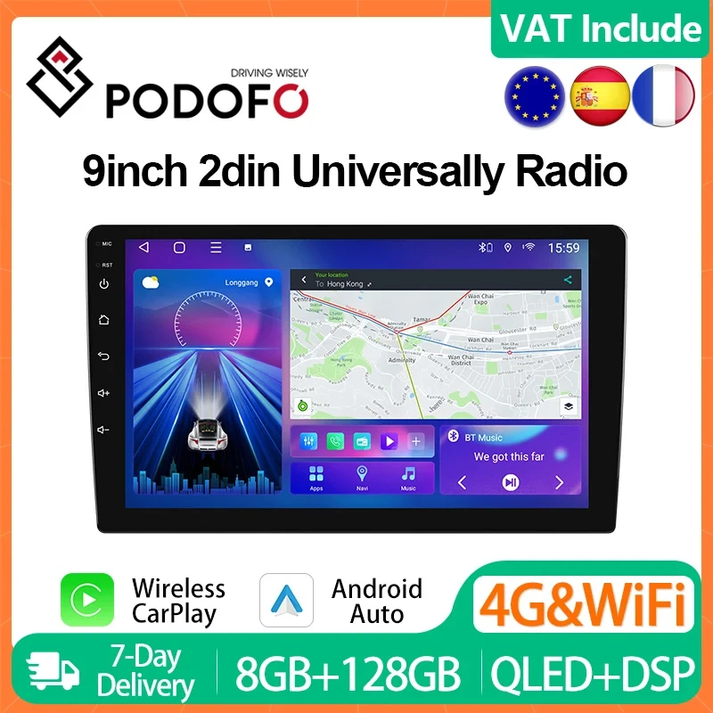 Podofo 2din CarPlay Android Radio 9inch Universally Car Multimedia Player GPS Audio Screen Intelligent System 4G SIM Head Unit