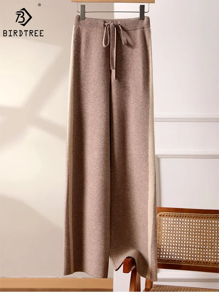 

Birdtree Wool Thickened Knit Wide Leg Pants Women High Waist Lace Up Casual Loose Elegant Long Trousers Autumn Winter B39721QM