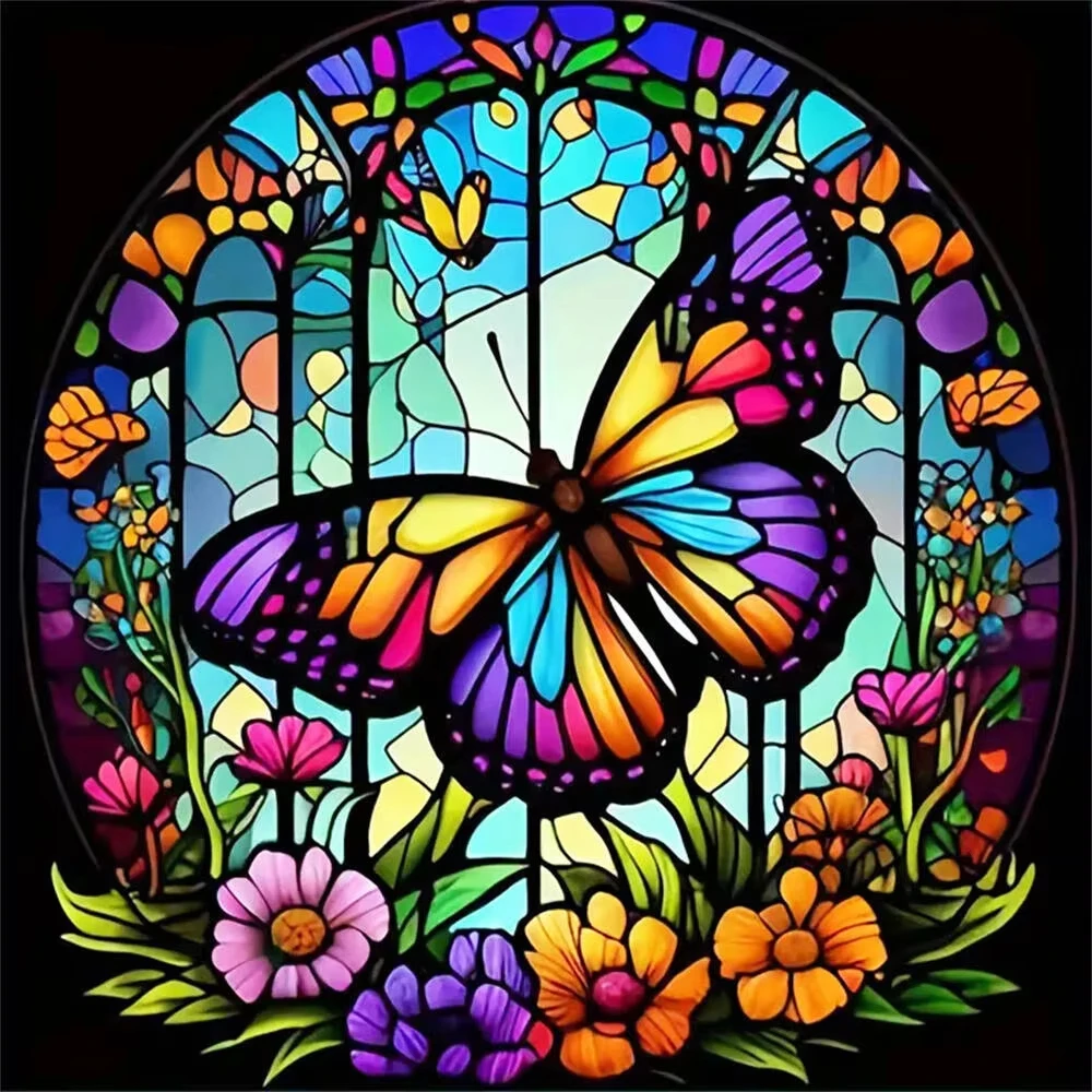 

Stained Glass Rainbow Butterfly & Wildflower Jigsaw Puzzle, Arch Window Tiffany Style Floral Insect Home Wall Decor