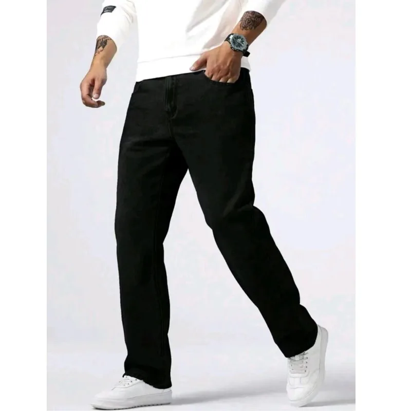 New Spring Autumn Straight Jeans Micro Elastic Versatile Pure Black Casual Denim Pants Men's Solid Color Baggy Regular Trousers