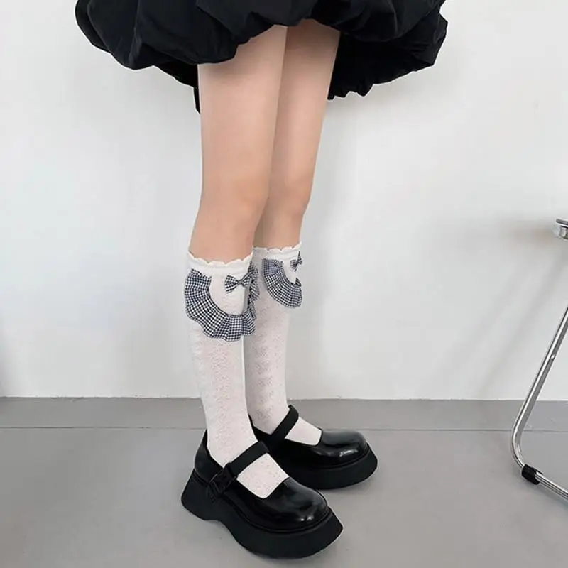 

195E женские милые жаккардовые носки до середины икры с цветочным принтом для девочек, японский стиль, Лолита, бант, клетчатые