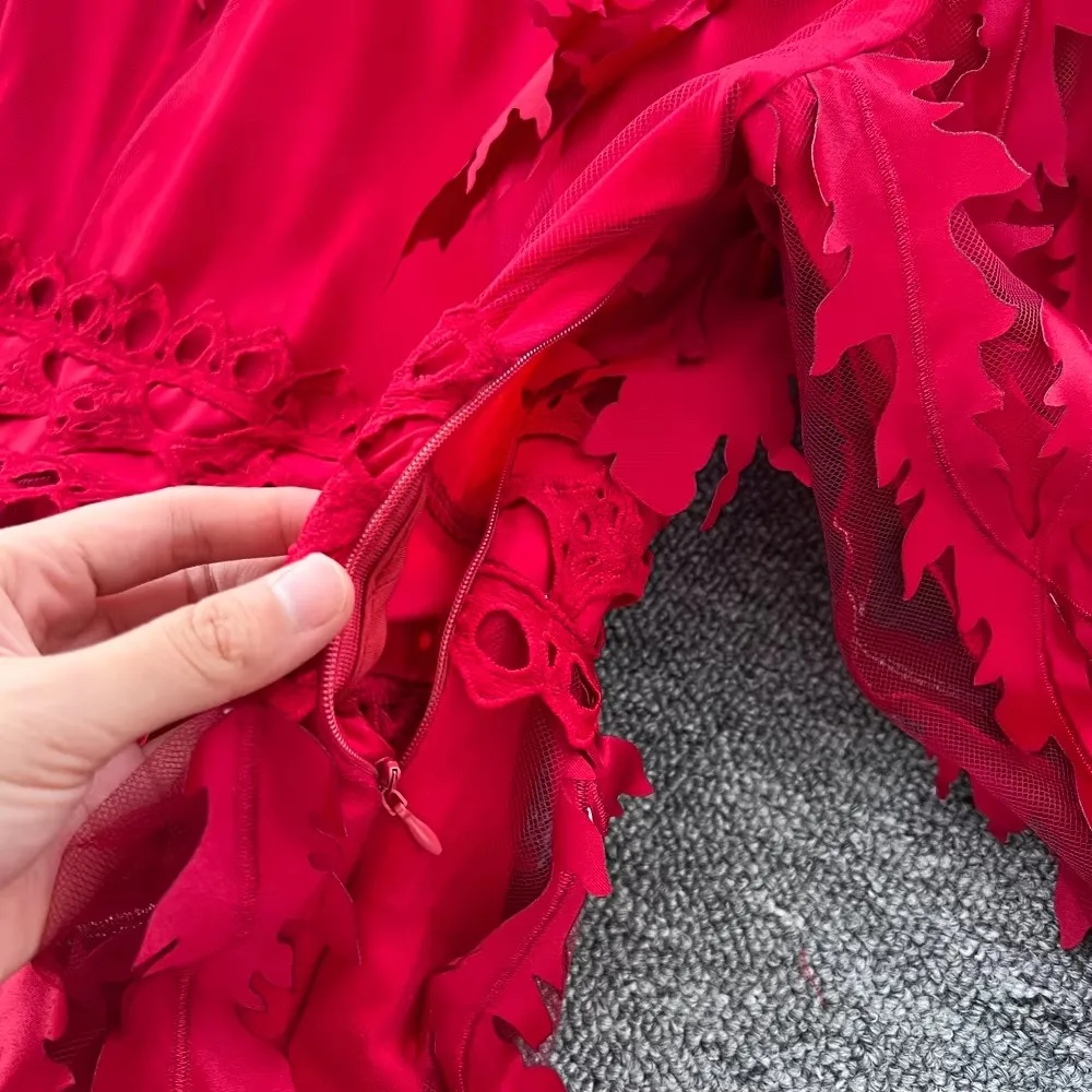 Elegant Leaves Embroidery Mesh Prom Long Dress Fashion Beading Lapel Women's Casual Lantern Sleeve Hollow Out Draped Party Dress