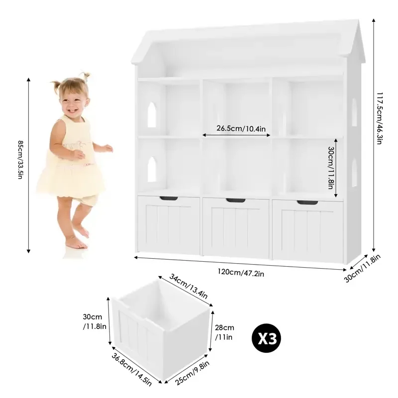 Toy Storage Unit with 3 Drawers and 6 Multi-Function Storage Compartments for Kids Room Organization