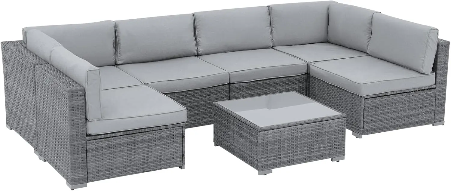

7 Pieces Patio Furniture Set, All Weather Grey PE Wicker Rattan Sectional Conversation Set, Porch Garden W/Built-in Glass Table