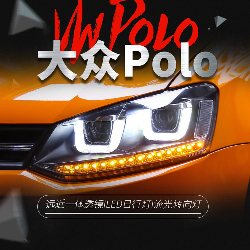 

For Volkswagen New POLO 2011-18 Double U LED Daytime Running Lights Assembly Dynamic Streamer Turn Signal Front Lamp Headlamp