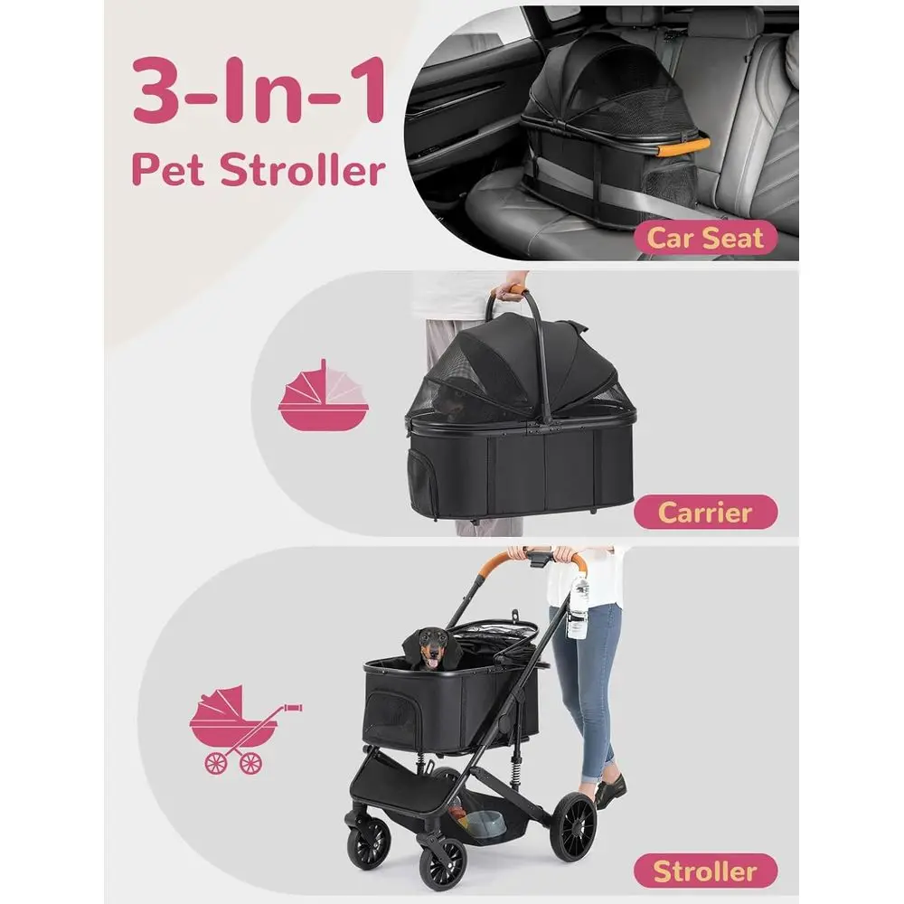 Carrinho dobrável para animais de estimação de 4 rodas para cães pequenos a médios de até 60 libras, transportador removível, adequado para 2 animais de estimação, cesta de armazenamento, brea