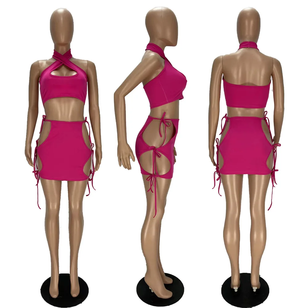 2022 Beach Skirt Suit Summer Two Piece Set Women Sexy Cross Cut Out Backless Crop Top Lace Up Mini Skit Outfit Party Club Suit