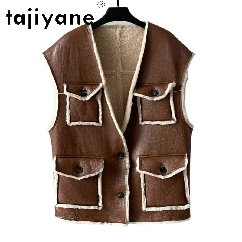 

TAJIYANE Shearling Real Fur Jacket High-end Fur Vest Women V-neck Tops Winter Coat Women Clothing Korean Jackets Шуба Big Pocket