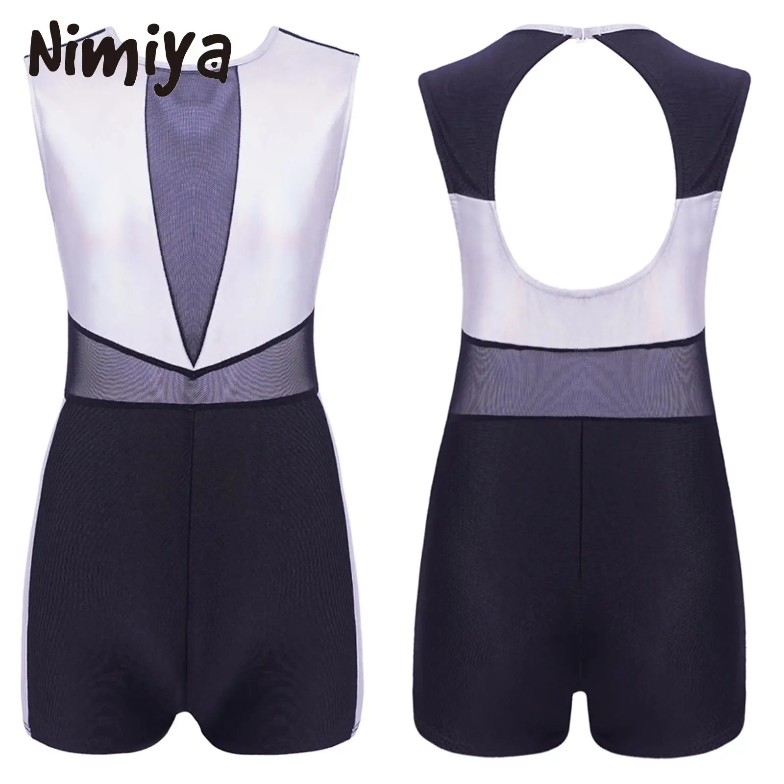 

Nimiya Kids Girls Bronzings Sleeveless Round Neck 1Pcs Dance Leotards with Mesh Patchwork Style Hollow Back Breathable Bodysuits