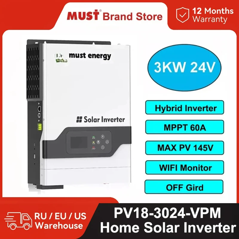 

MUST Energy 3KW 220V 24V Home Hybrid Solar Inverter Built In MPPT 60A Controller Max PV 145V 3000W Solar System WIFI Monitor