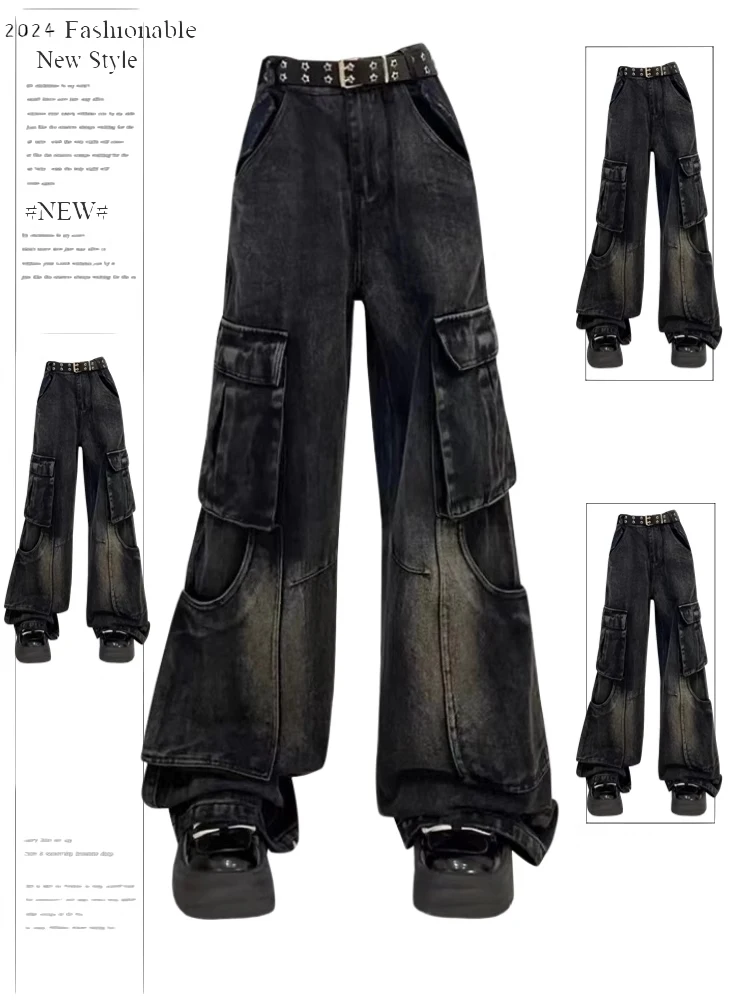 Calça jeans gótica preta cargo feminina, calça jeans estética vintage coreana dos anos 90, calça harajuku de cintura alta, roupa dos anos 2000, Y2K