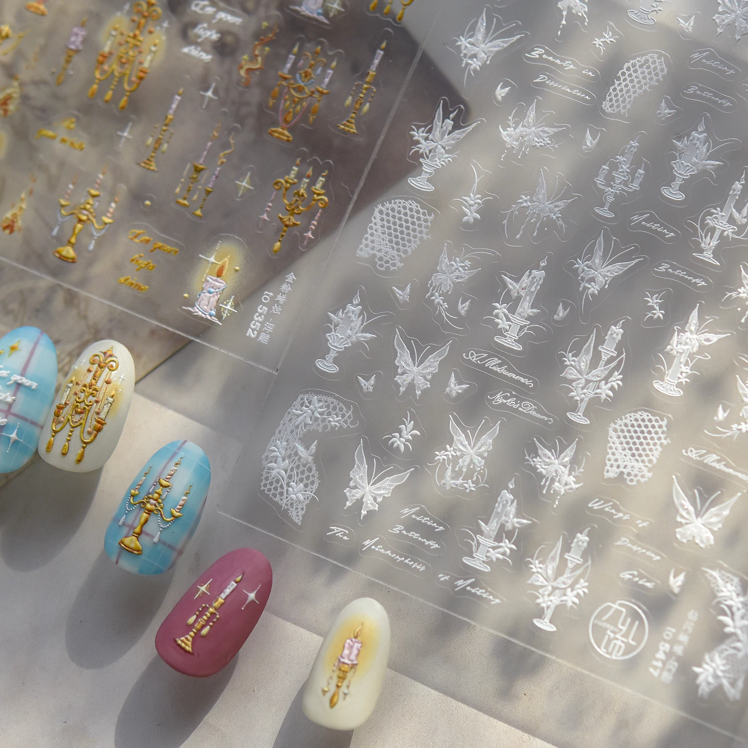 1PCS White Candle 5D Nail Stickers Nail Art Decoration Bronzing Butterfly Flowers Nail Parts Stickers For Nails