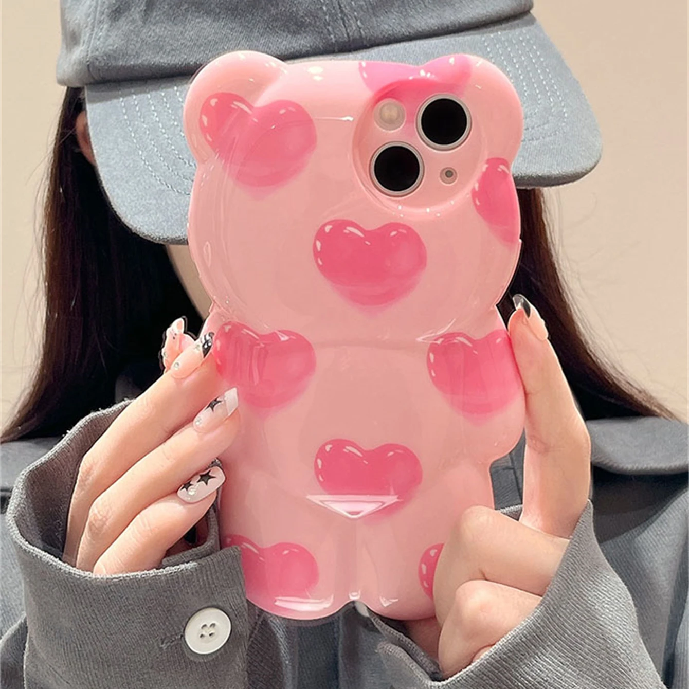 Korean Cute Pink Love Heart 3D Bear Phone Case For iPhone 15 14 13 12 11 Pro Max Stylish Silicone Shockproof Soft Cover Funda