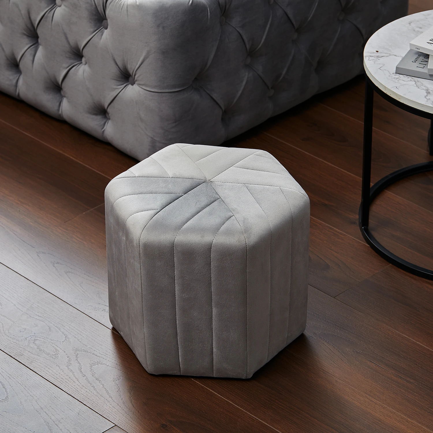 Minimal Hexagonal Household Multifunctional  Velvet Footstool Ottoman with Stripes