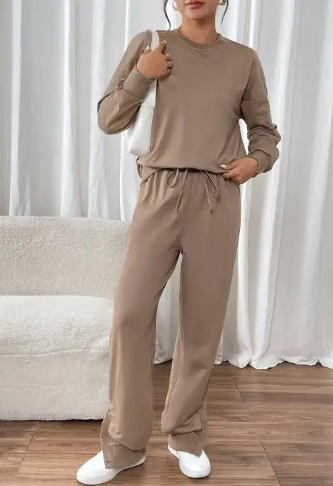 

Autumn and Winter New Casual Home Minimalist Style Loose 2-Piece Round Neck Long Sleeved Top and Solid Color Leggings Set